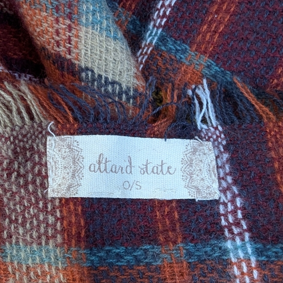 Big Plaid Scarf Wrap by alt'rd state Wine Orange and Blue - Picture 3 of 4